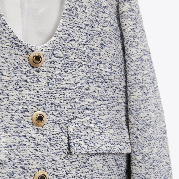 Gold Button Textured Blazer Ecru Blue Zara XS - Picture 5 of 8